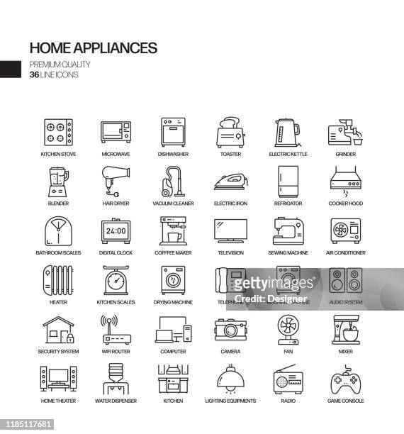 illustrazioni stock, clip art, cartoni animati e icone di tendenza di semplice set di icone di linee vettoriali correlate agli elettrodomestici. insieme outline symbol. - toaster appliance