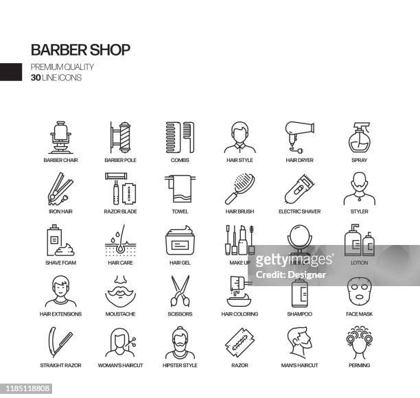 ilustraciones, imágenes clip art, dibujos animados e iconos de stock de conjunto simple de iconos de línea vectorial relacionados con la peluquería. colección de símbolos de esquema. - peinado