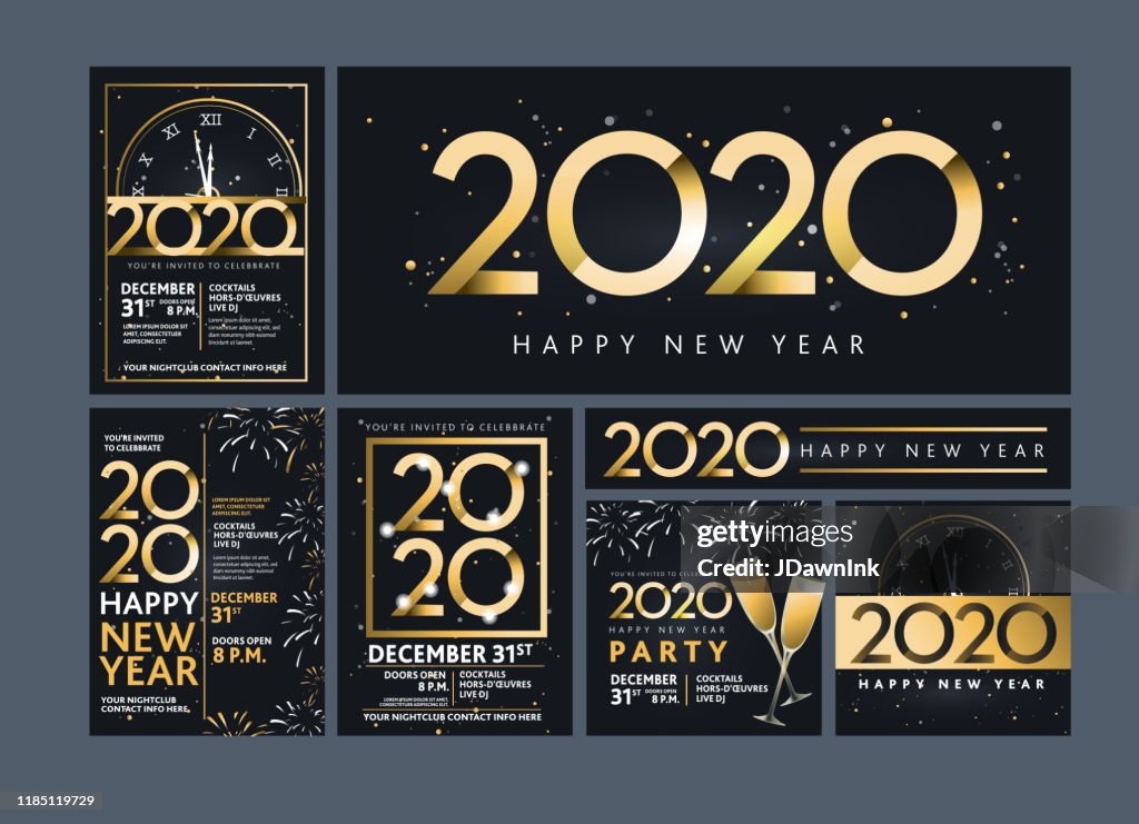 Set van Happy New Year 2020 partij uitnodiging ontwerpsjablonen in metallic goud met glitters
