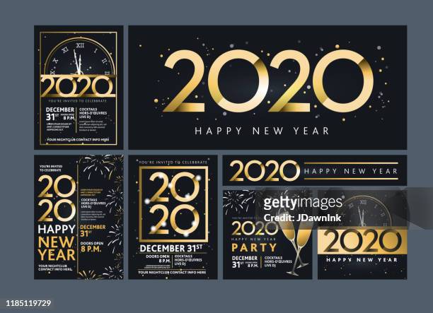 set of happy new year 2020 party invitation design templates in metallic gold with glitter - new years eve 2019 stock illustrations