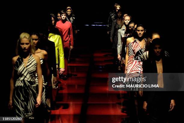 Models display fashions by Iodice at the label's final presentation during Sao Paulo Fashion Week in Brazil on 01 February, 2001. Organizers hope the...