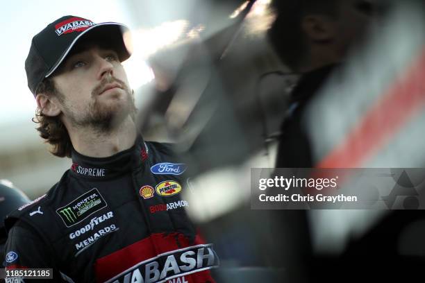 Ryan Blaney, driver of the Wabash National Ford, looks on during the Salute to Veterans Qualifying Day Fueled by The Texas Lottery for the Monster...