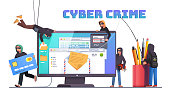 Hackers and cyber criminals phishing stealing private personal data, credentials, password, bank document email and credit card. Small anonymous hacker man attacking computer. Flat vector illustration