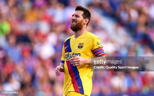 Lionel Messi of FC Barcelona looks on during the Liga match between Levante UD and FC Barcelona at Ciutat de Valencia on November 02, 2019 in...