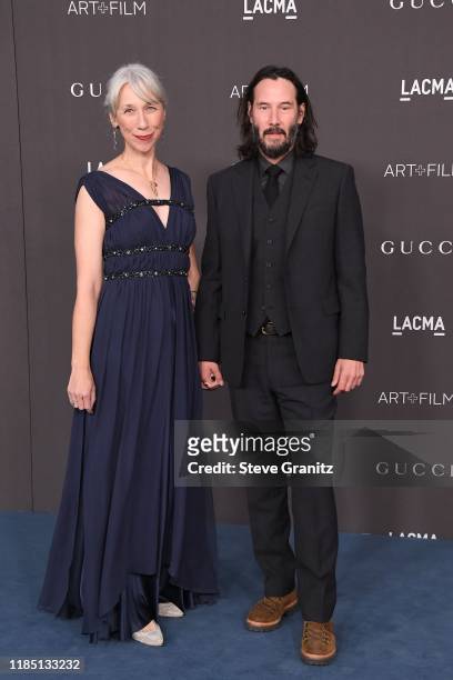 Alexandra Grant and Keanu Reeves attend the 2019 LACMA 2019 Art + Film Gala Presented By Gucci at LACMA on November 02, 2019 in Los Angeles,...