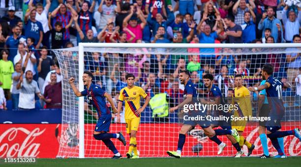 Nemanja Radoja of Levante UD celebrates scoring his team's goal during the Liga match between Levante UD and FC Barcelona at Ciutat de Valencia on...