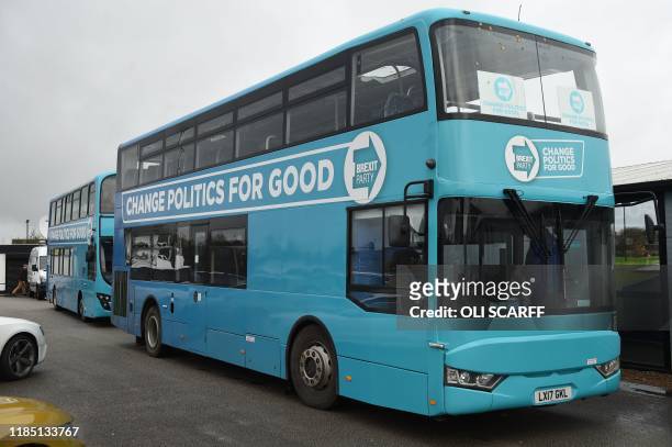 Picture shows a Brexit Party 'battle bus' outside a general election campaign event venue in Hull, northeast England on November 28, 2019. - Britain...
