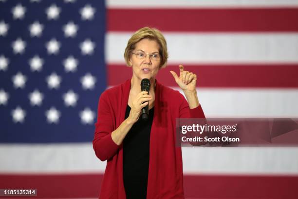 Democratic presidential candidate Sen. Elizabeth Warren speaks to guests during a campaign stop at Hempstead High School on November 02, 2019 in...