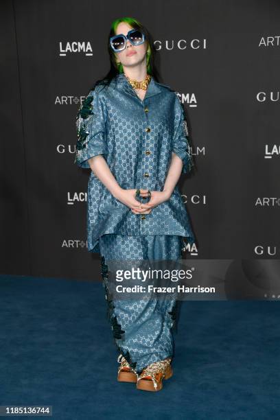 Billie Eilish, wearing Gucci, attends the 2019 LACMA 2019 Art + Film Gala Presented By Gucci at LACMA on November 02, 2019 in Los Angeles, California.