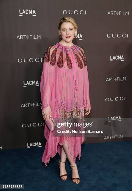 Greta Gerwig, wearing Gucci, attends the 2019 LACMA Art + Film Gala Presented By Gucci at LACMA on November 02, 2019 in Los Angeles, California.