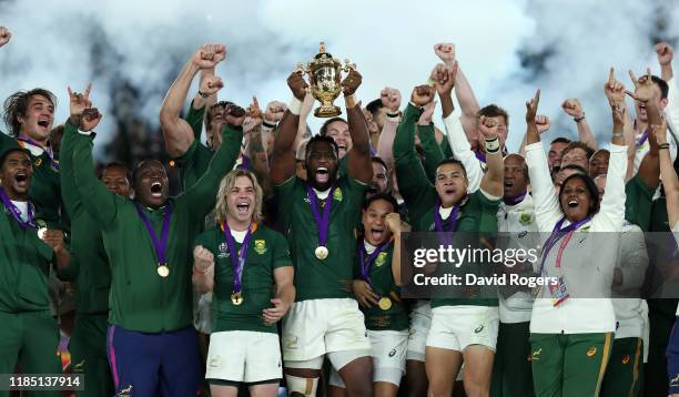 Siya Kolisi, the South Africa captain, celebrates with team mates after their victory during the Rugby World Cup 2019 Final between England and South...