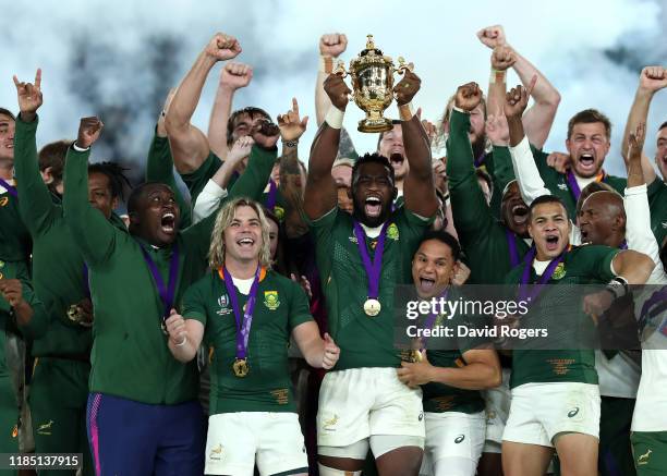 Siya Kolisi, the South Africa captain, celebrates with team mates after their victory during the Rugby World Cup 2019 Final between England and South...