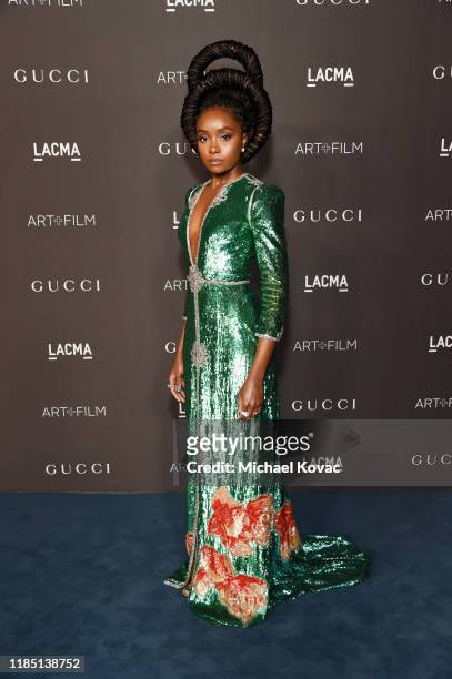 KiKi Layne, wearing Gucci, attends the 2019 LACMA Art + Film Gala Presented By Gucci at LACMA on November 02, 2019 in Los Angeles, California.
