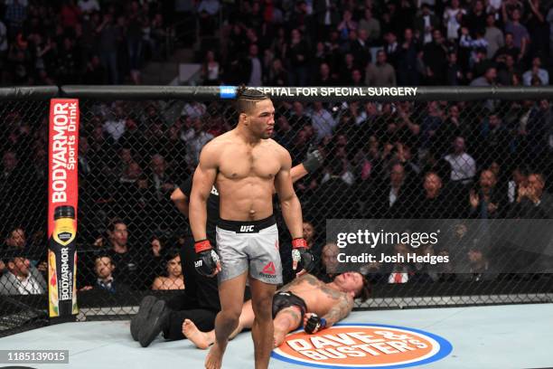 Kevin Lee celebrates his KO victory over Gregor Gillespie in their lightweight bout during the UFC 244 event at Madison Square Garden on November 02,...