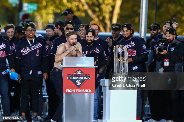 Brian Dozier of the Washington Nationals celebrates with his team mates during the World Series victory parade on November 02, 2019 in Washington, DC.