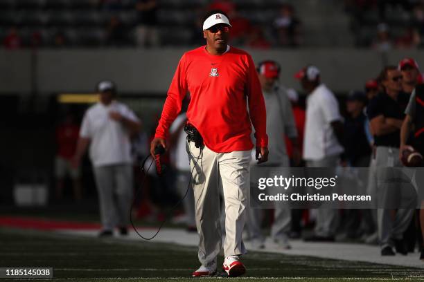 Head coach Kevin Sumlin of the Arizona Wildcats reacts during the second half of the NCAAF game against the Oregon State Beavers at Arizona Stadium...