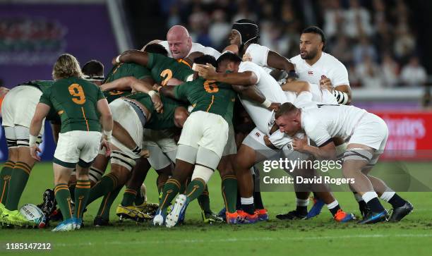 The England scrum is pushed back during the Rugby World Cup 2019 Final between England and South Africa at International Stadium Yokohama on November...