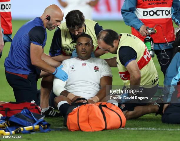Kyle Sinckler, the England prop, receives treatment after being knocked out during the Rugby World Cup 2019 Final between England and South Africa at...