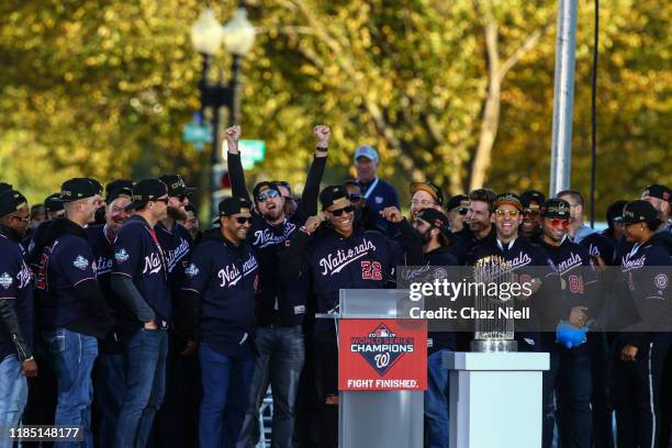 Juan Soto of the Washington Nationals speaks at the podium during the World series victory celebration parade on November 02, 2019 in Washington, DC.