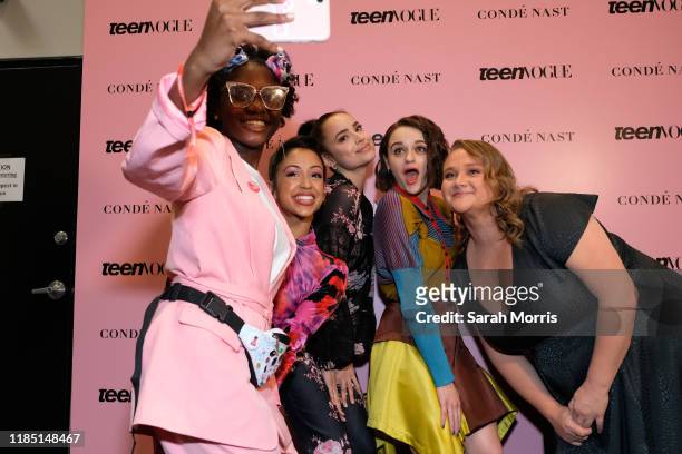Liza Koshy, Sofia Carson, Joey King and Danielle Macdonald pose with a a fan at the 2019 Teen Vogue Summit at Goya Studios on November 02, 2019 in...