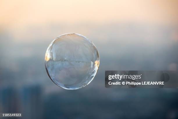 soap bubble against city aerial view - los angeles world premiere of warner bros pictures focus stockfoto's en -beelden