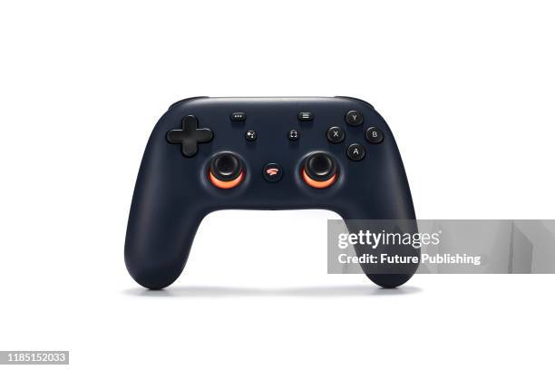 Google Stadia video game controller with a Night Blue finish, taken on November 27, 2019.