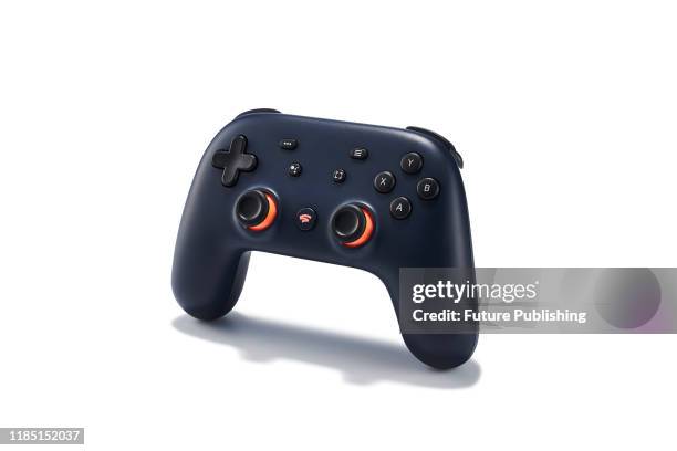 Google Stadia video game controller with a Night Blue finish, taken on November 27, 2019.