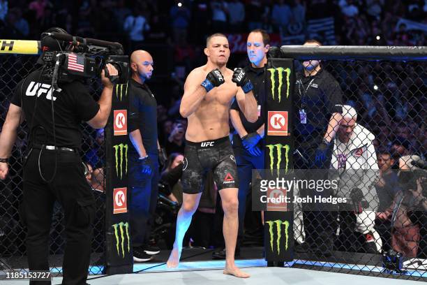 Nate Diaz enters the Octagon prior to his welterweight bout for the BMF title against Jorge Masvidal during the UFC 244 event at Madison Square...