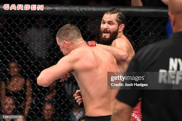 Jorge Masvidal punches Nate Diaz in their welterweight bout for the BMF title during the UFC 244 event at Madison Square Garden on November 02, 2019...