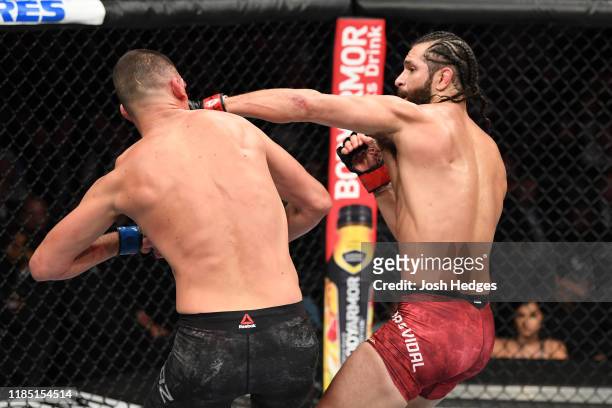Jorge Masvidal punches Nate Diaz in their welterweight bout for the BMF title during the UFC 244 event at Madison Square Garden on November 02, 2019...