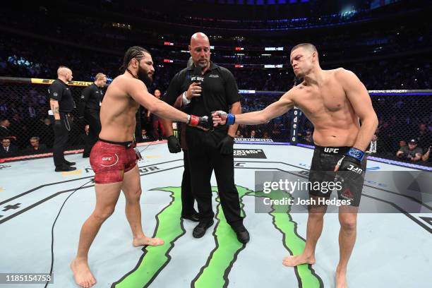 Jorge Masvidal and Nate Diaz touch gloves before their welterweight bout for the BMF title during the UFC 244 event at Madison Square Garden on...