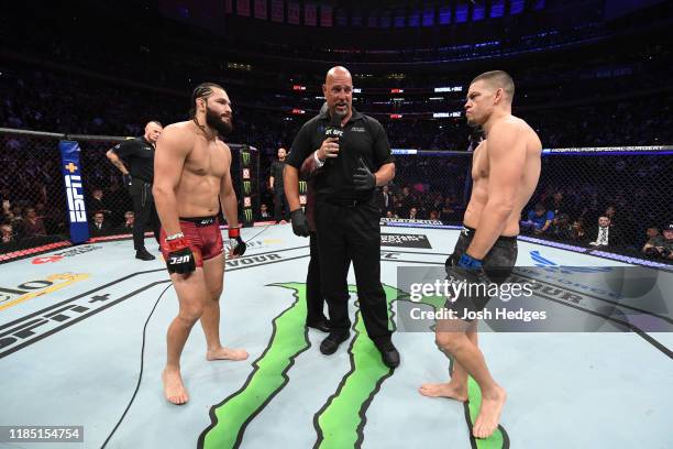 Jorge Masvidal and Nate Diaz face off before their welterweight bout for the BMF title during the UFC 244 event at Madison Square Garden on November...