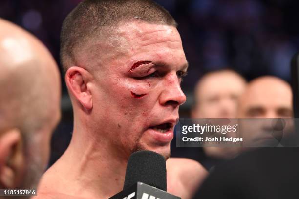 Nate Diaz is interviewed after his loss to Jorge Masvidal in their welterweight bout for the BMF title during the UFC 244 event at Madison Square...