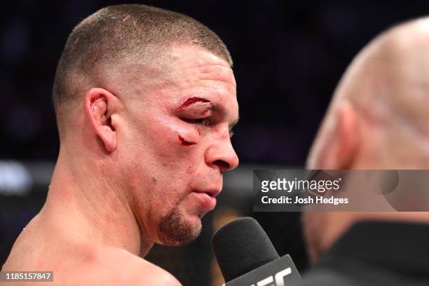 Nate Diaz is interviewed after his loss to Jorge Masvidal in their welterweight bout for the BMF title during the UFC 244 event at Madison Square...