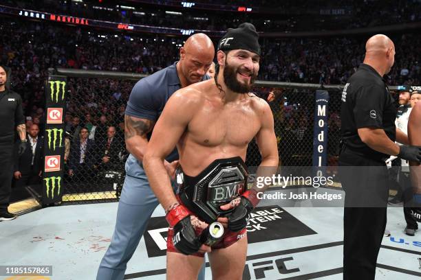 Jorge Masvidal celebrates his victory over Nate Diaz in their welterweight bout for the BMF title during the UFC 244 event at Madison Square Garden...