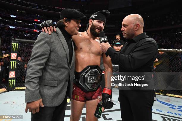Jorge Masvidal is interviewed after his victory over Nate Diaz in their welterweight bout for the BMF title during the UFC 244 event at Madison...