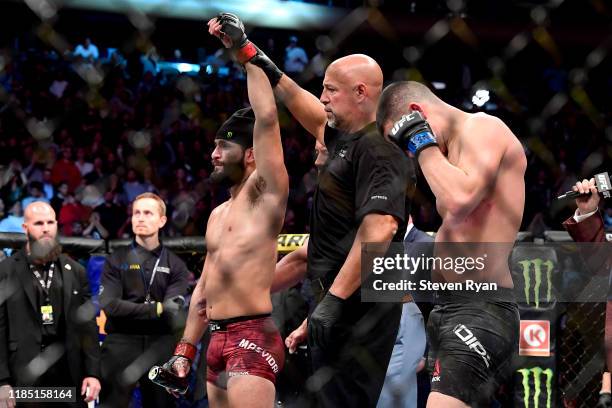 Jorge Masvidal of the United States is awarded victory by TKO on a medical stoppage against Nate Diaz of the United States in the Welterweight "BMF"...