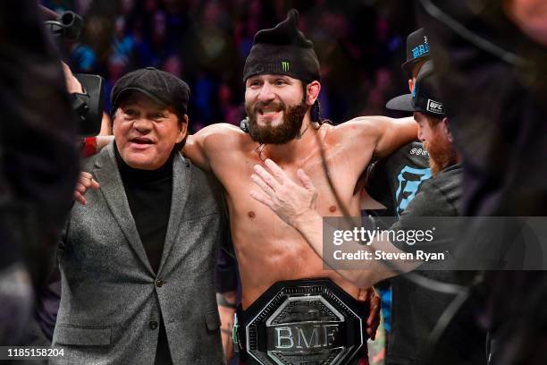 Jorge Masvidal of the United States is awarded victory by TKO on a medical stoppage against Nate Diaz of the United States in the Welterweight "BMF"...