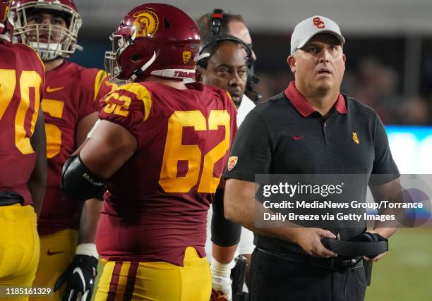 Trojans head coach Clay Helton looks up at the scoreboard at the Los Angeles Memorial Coliseum on Saturday, Nov. 2, 2019.