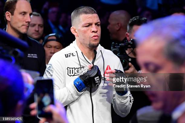 Nate Diaz of the United States enters the ring for his fight against Jorge Masvidal of the United States in the Welterweight "BMF" championship bout...