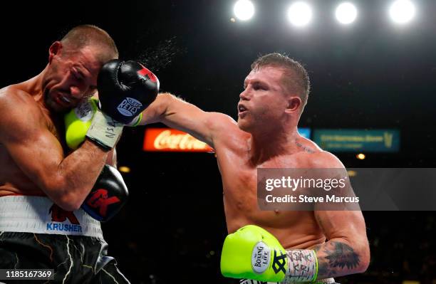 Canelo Alvarez connects on Sergey Kovalev during their WBO light heavyweight title fight at MGM Grand Garden Arena on November 2, 2019 in Las Vegas,...