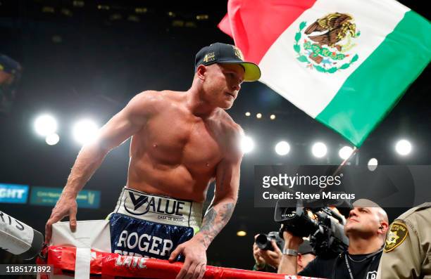 Canelo Alvarez celebrates his victory over Sergey Kovalev after their WBO light heavyweight title fight at MGM Grand Garden Arena on November 2, 2019...