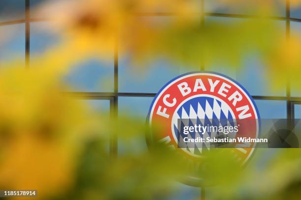 The Logo of FC Bayern Muenchen is seen behind fall foliage at Saebener Strasse training ground on November 03, 2019 in Munich, Germany.