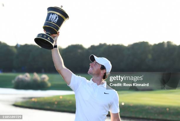 Rory McIlroy of Northern Ireland with the Old Tom Morris Cup after the final round of the WGC HSBC Champions at Sheshan International Golf Club on...