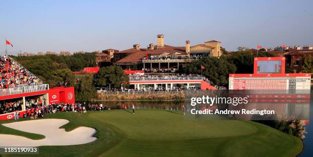 Rory McIlroy of Northern Ireland celebrates his victory in a playoff on the 18th green during Day Four of the WGC HSBC Champions at Sheshan...