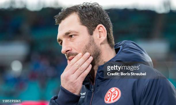 Head coach Sandro Schwarz of Mainz 05 reacts prior to the Bundesliga match between RB Leipzig and 1. FSV Mainz 05 at Red Bull Arena on November 02,...