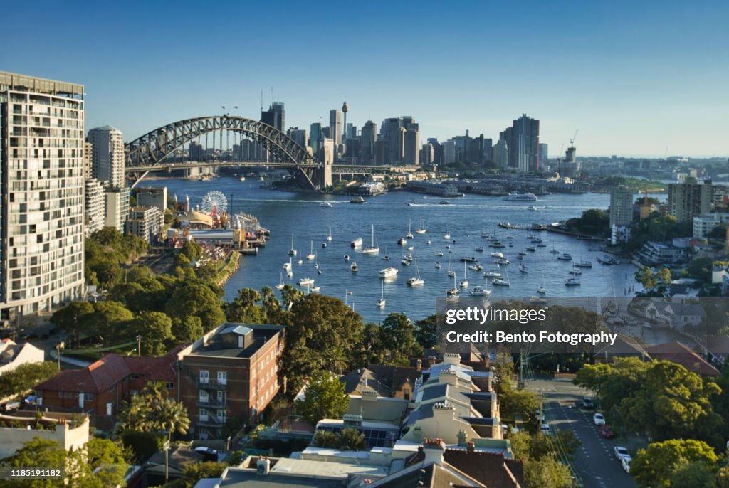 Luna park and Harbour bridge in sunset from North sydney, Sydney, Australia