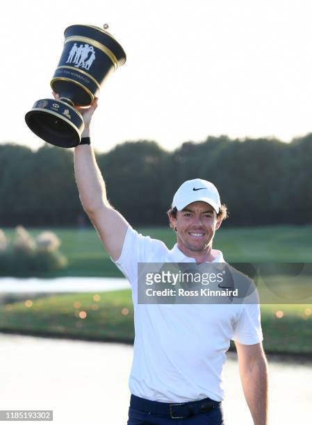 Rory McIlroy of Northern Ireland with the Old Tom Morris Cup after the final round of the WGC HSBC Champions at Sheshan International Golf Club on...