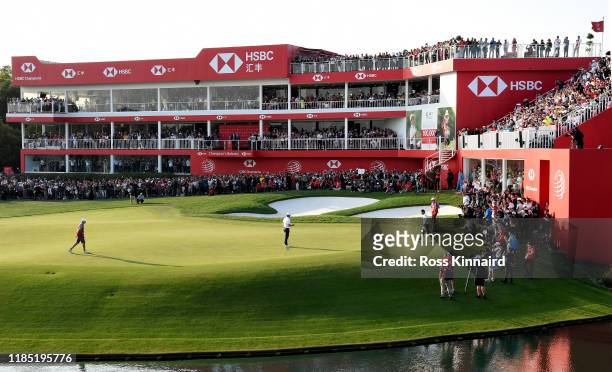 Rory McIlroy of Northern Ireland celebrates after winning at the first play-off hole during the final round of the WGC HSBC Champions at Sheshan...