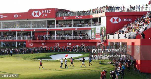 Rory McIlroy of Northern Ireland celebrates after winning at the first play-off hole during the final round of the WGC HSBC Champions at Sheshan...